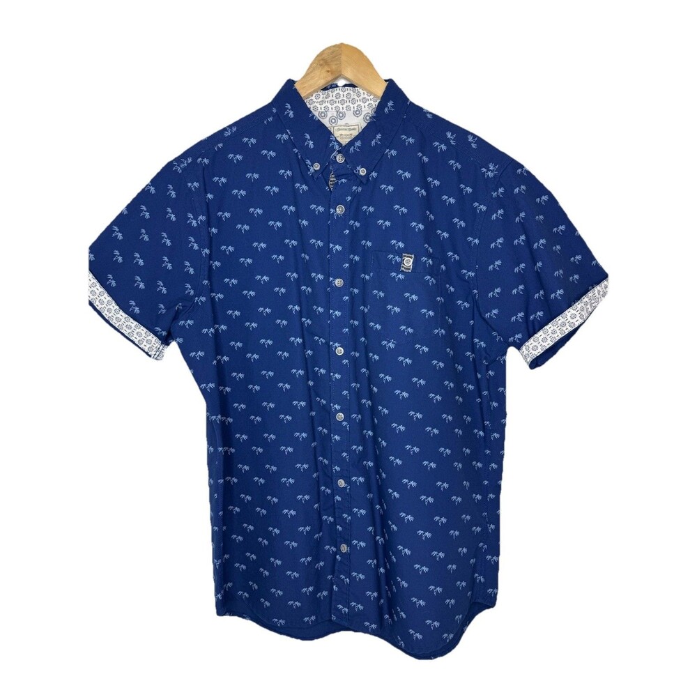 Alexander Julian Men’s Large Button Down Short Sleeve Shirt Blue Hawaiian Design